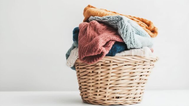 A woven wicker basket is filled to the brim with a pile of cozy, colorful knit sweaters and clothing items. Neutral setting focuses on the texture and hues of the textiles.