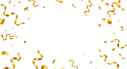 Golden ribbons and confetti falling on black background isolated on a transparent background image