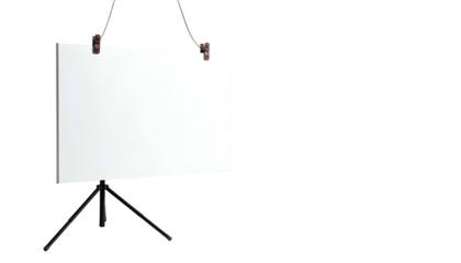 A white blank canvas held by clips on strings over a black background, resting on a tripod