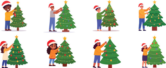 Fototapeta premium A collection of diverse children in Santa hats decorating Christmas trees, isolated on a white background.