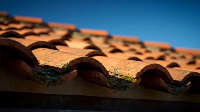 Closeup of traditional terracotta roof tiles under a clear blue sky showcasing architectural detail and texture.