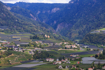 Mountain panorama of Merano area Maia Alta (Obermais) with Gaiano Castle in South Tyrol, Italy