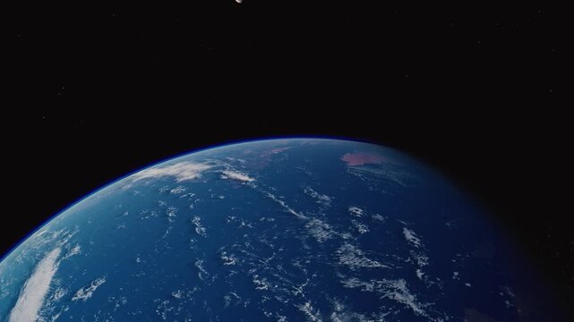 Orbiting over planet Earth. World planet satellite. Night to day.