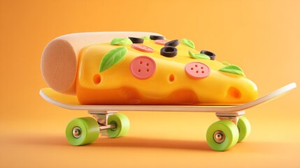 Playful skateboard with cheese pizza topping on orange background