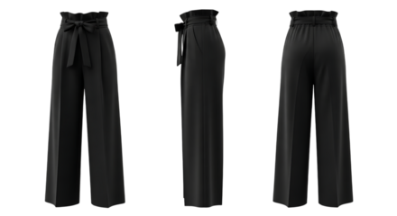 black high waisted wide leg pants, with sash tie and ruffled waistband, cutout, PNG isolated on a white or transparent background, AI