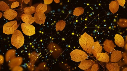 Amber waves of autumn: nature's border set against white. Futuristic system. Dynamic fall perspectives: an artistic collection of dried leaves. Cyber grid. Connected systems.