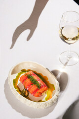 herbinfused sashimi, elegant sashimi with citrus glaze, modern sashimi paired