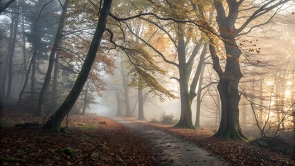 Obraz premium Misty morning in the forest with sunlight through autumn trees