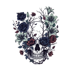 Skull with Blooming Flowers Vector | Gothic and Surreal T-Shirt Design | Editable EPS with Clean Silhouette and Minimal Background