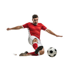 Dynamic soccer player in mid air kicking a ball with intense focus against a black background