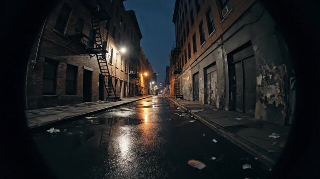 Dark and Moody City Alley at Night with Wet Pavement and Streetlights.