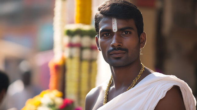 A portrait of an Indian man, likely Hindu, wearing a traditional white cloth, adorned with a golden necklace, and sporting a distinctive white tilak on his forehead. The background is festive.