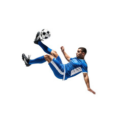 Dynamic soccer player executes a bicycle kick with precision against a stark black background