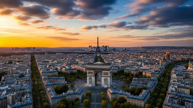 Parisian skyline at sunset with eiffel tower and arc de triomphe