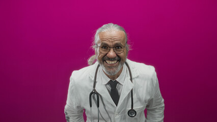 Man doctor in white coat with stethoscope smiling and leaning forward in studio with magenta backdrop; compassion trust.