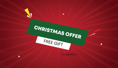 christmas offer free gift web banner vector art template design badge icon label deep green white shapes bold text dark red light sun shine abstract business background festive sale holiday season off