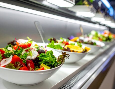 Close-up showcases a buffet line of vibrant salads in white bowls. Each bowl contains fresh ingredients