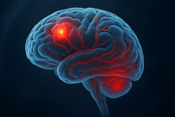 Medical 3D illustration of human brain showing glowing tumor mass inside neural network concept of disease neurology cancer and health