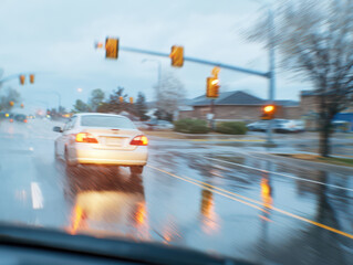 White sedan speeding through wet city street, blurred motion, rainy weather, traffic lights, urban road, dangerous driving, overcast sky