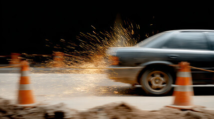 Illegal street racer speeding through construction zone with sparks flying, dramatic motion, danger, night scene, urban chaos