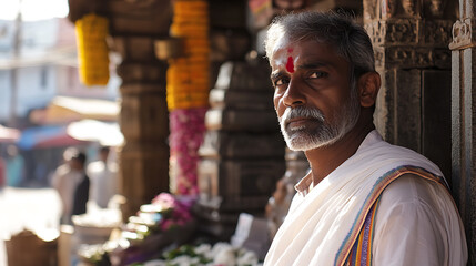 Fototapeta premium Portrait of a thoughtful man with a traditional tilak marking on his forehead, standing near a temple adorned with vibrant flower garlands. His gaze is serene, set against a historical backdrop.