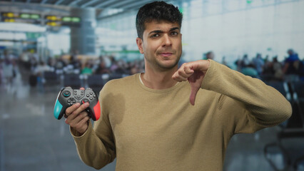 Man grips controller and shows dislike in airport as young hispanic guy lifts gamepad at terminal while gaming.