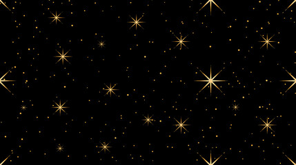 Golden star seamless pattern on black background, sparkling festive design in elegant style for Christmas, New Year, celebration, or luxury holiday decoration themes.