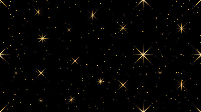 Golden star seamless pattern on black background, sparkling festive design in elegant style for Christmas, New Year, celebration, or luxury holiday decoration themes.