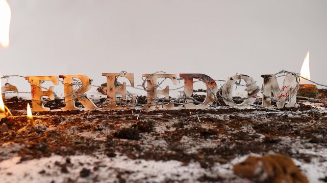 Barbed wire wraps around the word freedom against white seamless