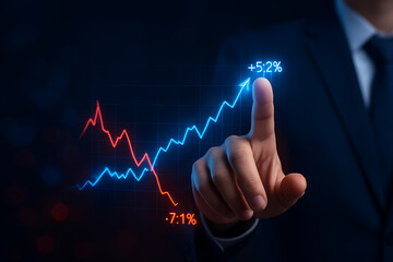 Modern finance technology showing upward trend line graph with red and blue chart representing stock trading and market analysis
