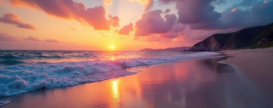 Serene Sunset Beach Scene Tranquil Waves Lap the Shore Under a Vibrant Sky, Perfect for Travel, Vacation, and Relaxation Themes. Ideal for Websites, Brochures, and Social Media.