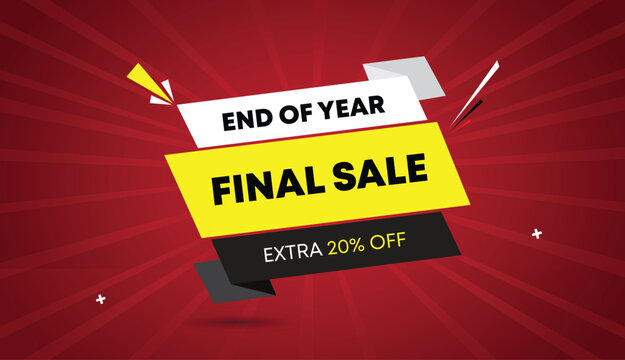 end of year final sale extra twenty percent off web banner vector art template design badge icon label yellow black gray white shapes bold text dark red light sun shine abstract business background