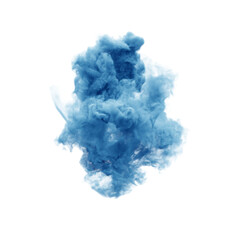 Vivid blue smoke cloud rising and swirling on a white background, creating a dynamic, cool, and...