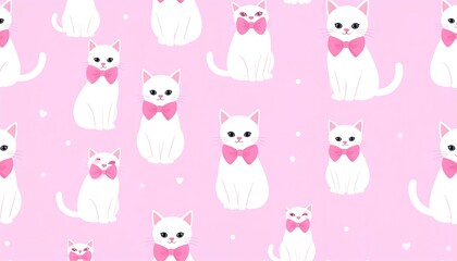 Cute white cats with pink bows on a pastel pink background