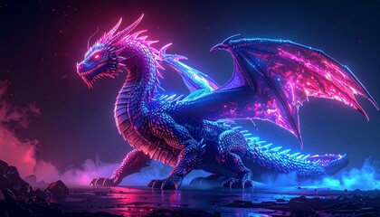 Cybernetic dragon with glowing neon accents in pink, purple, and blue, set in a dark sci-fi environment with fierce light-emitting eyes and mouth.