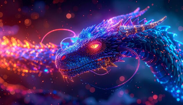 Cybernetic dragon with glowing neon accents in pink, purple, and blue, set in a dark sci-fi environment with fierce light-emitting eyes and mouth.