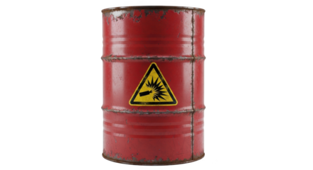 Red barrel with explosive hazard sign isolated on transparent background