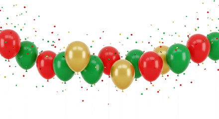 Red green and gold balloons with falling confetti isolated on a transparent background party celebration