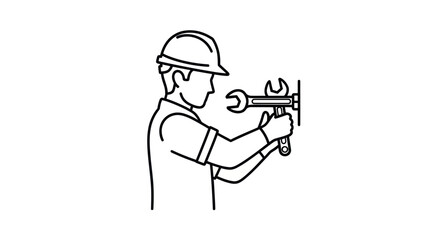 Line art illustration of a worker with a hard hat using a wrench.