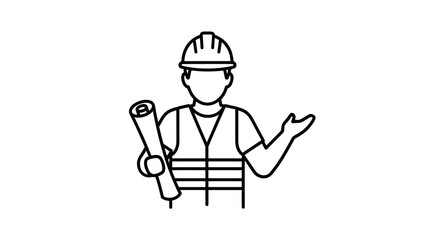 Line art illustration of a construction worker holding blueprints.