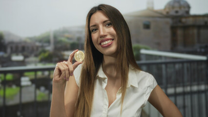 Young woman in white blouse holds shiny bitcoin between fingers at ancient roman ruins outdoors;...