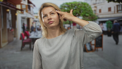 Young blonde woman wearing gray top points finger to temple on street in front of blurred shops and pedestrians; frustration.