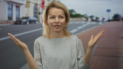 Woman on busy city street spreading open hands on brick sidewalk amid parked cars while wearing...