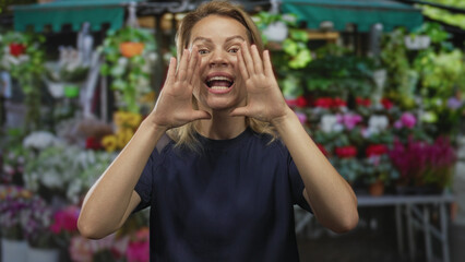 Young blonde woman cupping hands around mouth shouting at vibrant blooms in street flower market;...
