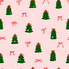 Cute kawaii coquette doodle Christmas tree seamless pattern. Ribbon bow with Christmas tree. 