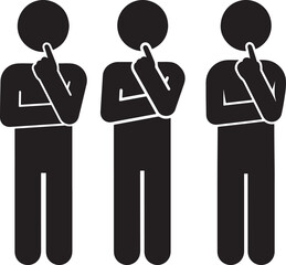 Three stick figure silhouettes pondering deeply with fingers on chin silhouette