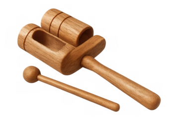 Wooden agogo bell instrument with mallet for samba music and percussion, presenting sounds and rhythm
