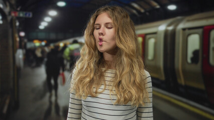 Young woman presents a playful face while pouting in a crowded station, her blonde hair contrasting a striped shirt on a busy subway platform.