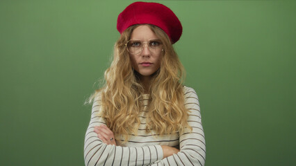 Woman face with foldedarms in studio showcases blonde young subject against green backdrop wearing...
