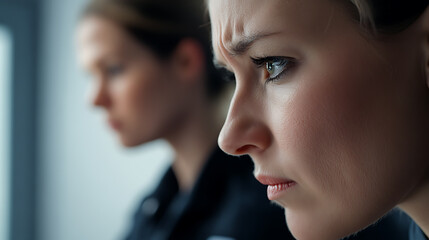 Fototapeta premium Close-up shot of a fair-skinned woman with a furrowed brow, conveying concern or deep thought. Soft lighting highlights her features as she focuses intently. A sense of seriousness pervades.